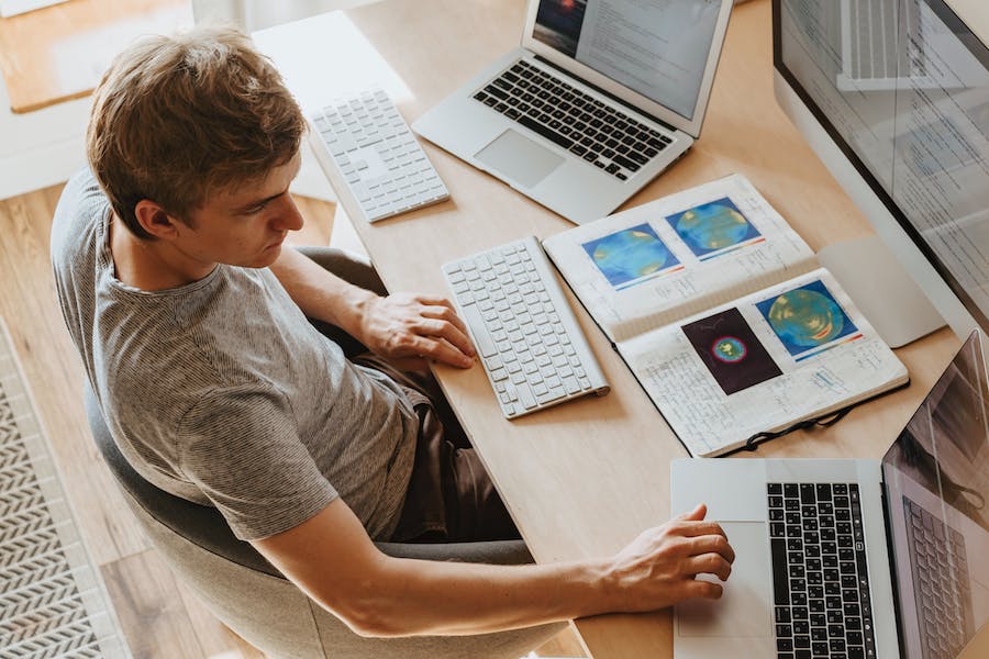 A man performing remote work in a home office.