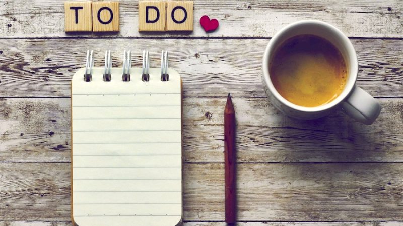 Desktop with a fresh to-do list and a cup of coffee.